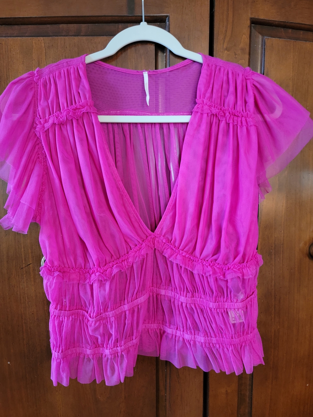 Free People Sheer Ruffled V-Neck Blouse - Fuchsia Pink